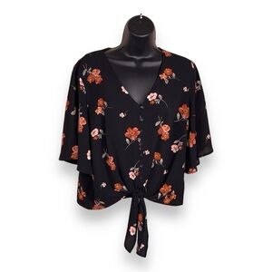 SMALL LUSH BLACK PINK FLORAL SHORT SLEEVE BLOUSE KNOT TIE ACCENT STRETCH  VNECK